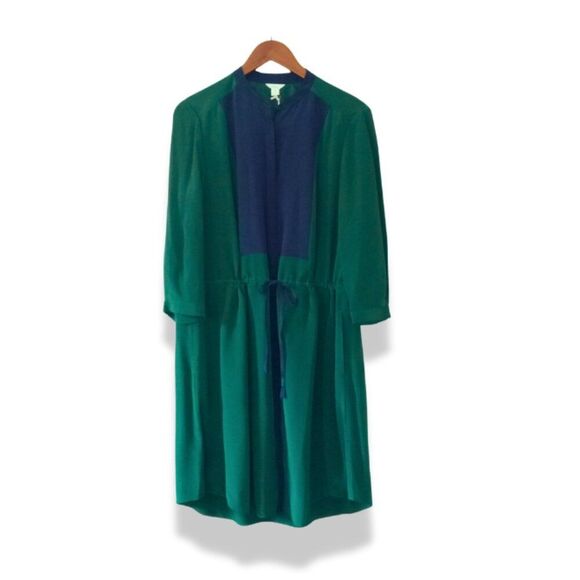 Fossil Rebecca Silk Shirt Dress M Green Colorblock Cinched Tie Waist Work - Picture 3 of 8